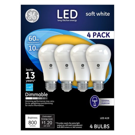 Ge LED Soft White A19 Dimmable Light Bulb, 10 W, PK4 67615